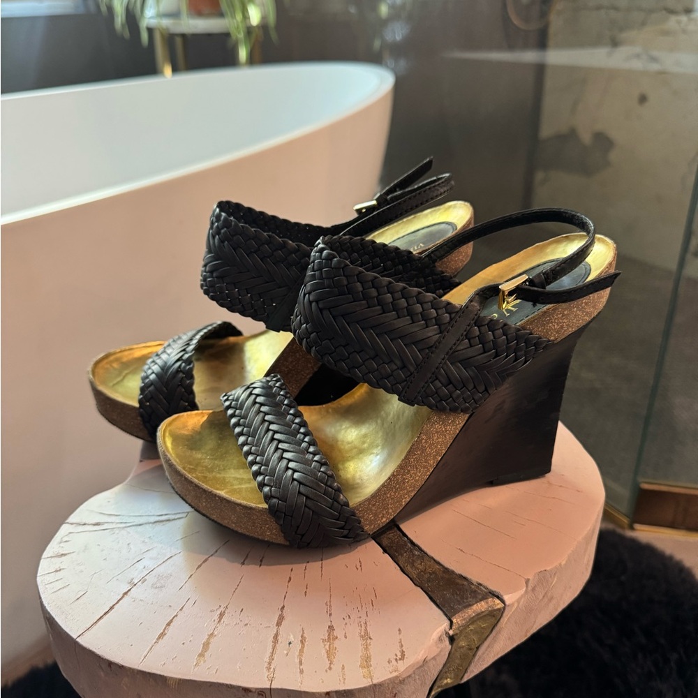 Vince V Camuto Black leather Woven Wedge Sandals